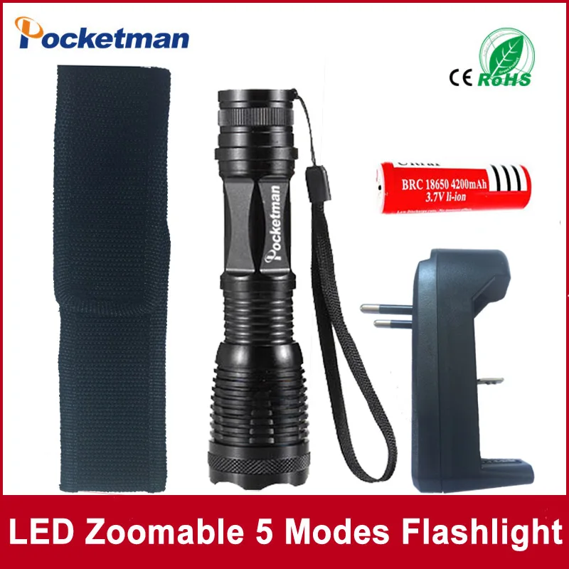 

zk50 LED flashlight torch e17 XM-L T6 4000 Lumens High Power Focus lamp Zoomable light with one battery, charger and sleeve