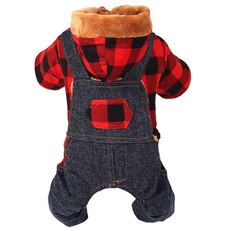 

Warm Winter Plaid Dog Pet Jumpsuit Leash Hole Hood Denim Pet Overalls Rompers Fleece Soft Teddy Clothing for Small Pet