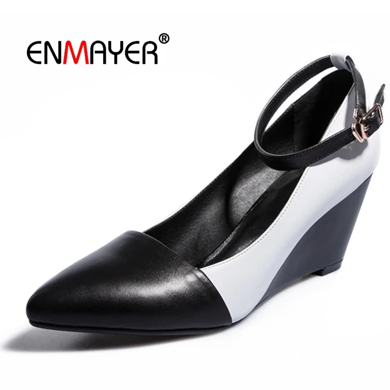 

Enmayer Women Fashion 2018 Pumps Genuine Leather Pointed Wedges Shoes for Women Women High Heels Size 34-39 LY491