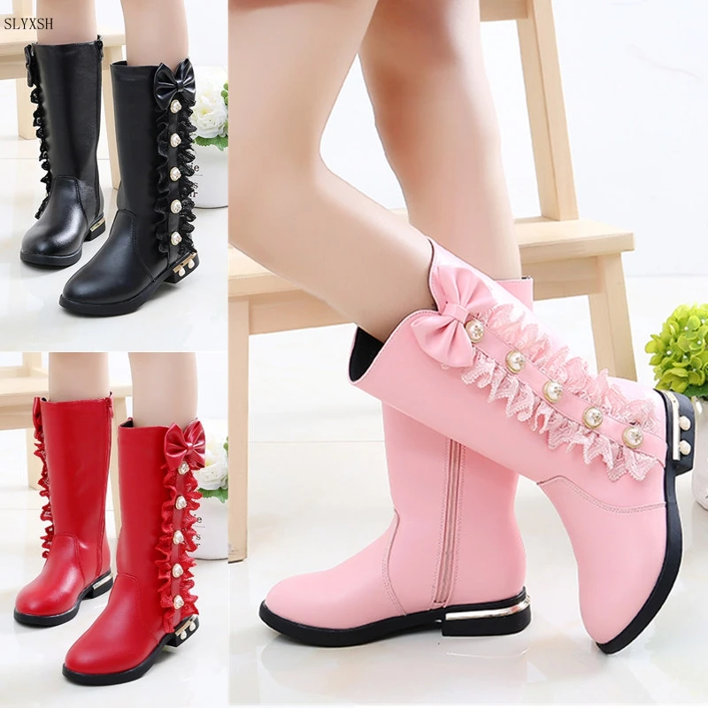 

New Parent-child shoes princess Pearl lace bow girl high-leg boots children's snow child ever after boots size26-36