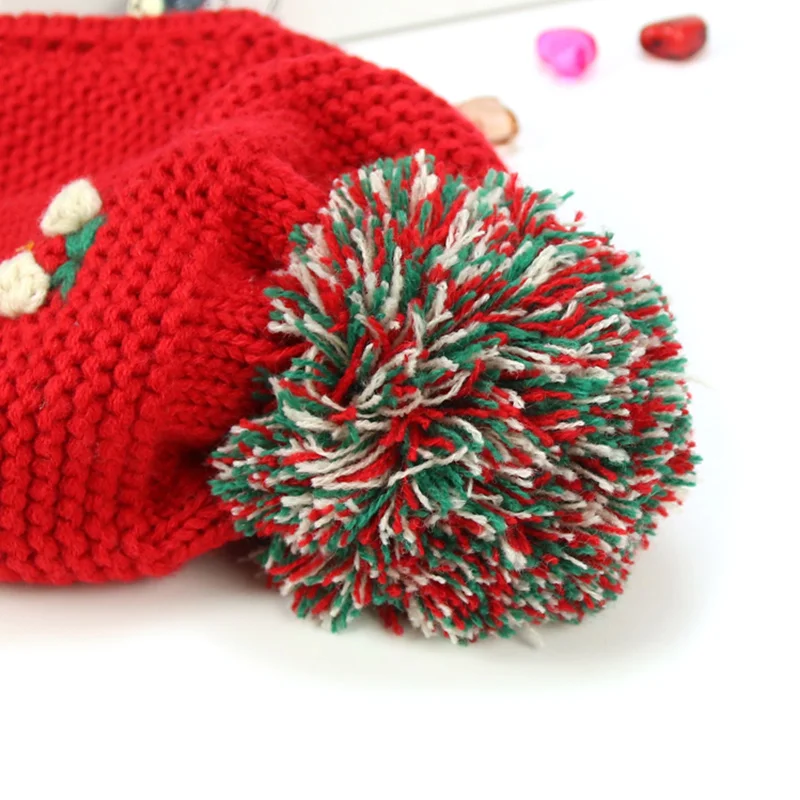 Cheery Knit Baby Hat Warm Velvet Winter Hat For Girls Ear Protect Lace Up Baby Beanie Pompom Cute Toddler Hat Baby Girl Clothing (10)
