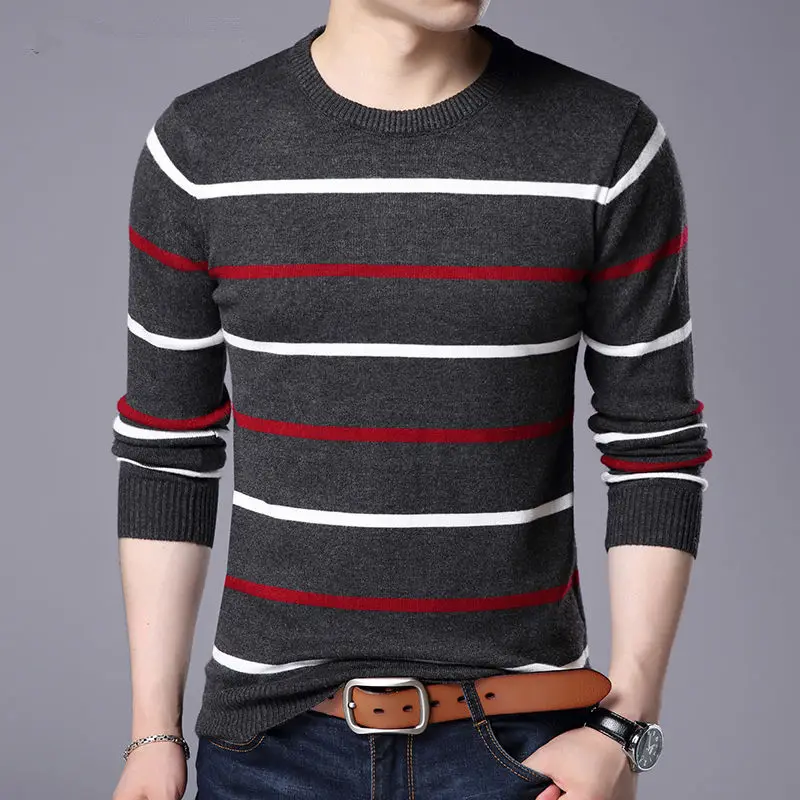 Пуловер для мужчин осень шерсть горячая Распродажа качественный свитер Мужская брендовая одежда повседневные теплые полосатые удобные свитера мужские размеры 4XL - Цвет: Grey