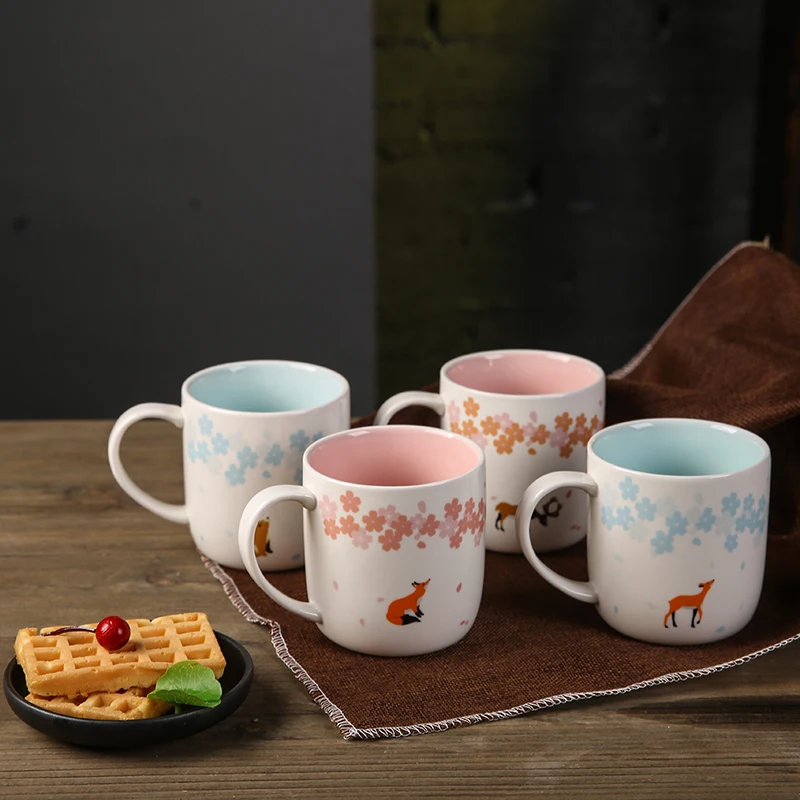 Ceramic Coffee Milk Mugs with Lid Spoon Sakura Cute Fox Deer Bear Mug Office Tea Creative For Kids Bithday Christmas Gifts | Дом и сад