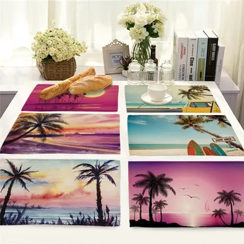 

1Pcs Coconut tree Sunset Pattern Kitchen Placemat Dining Table Mat Coaster Cotton Linen Pad Cup Mat 42*32cm Home Decor MP0092