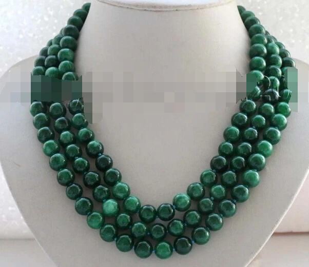 

Jewelry 3rows Genuine Natural 10mm Green Round Necklace