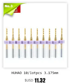 HUHAO 10 шт./лот, твердосплавное сверло с титановым покрытием PCB, мини-сверло 0,2 мм-1,1 мм, аксессуары для инструментов с ЧПУ, хвостовик 3,175 мм, набор сверл PCB