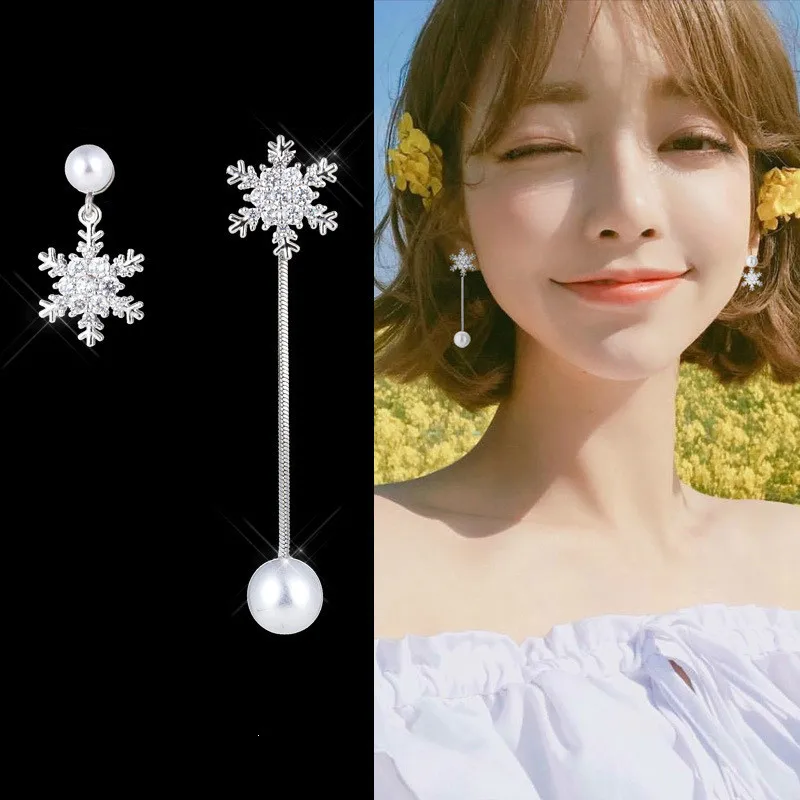 

2019 New Metal Trendy Geometric Dangle Earrings Korean Women's Asymmetry Snowflake Earrings Simple Long Tasseled Pearl Jewelry