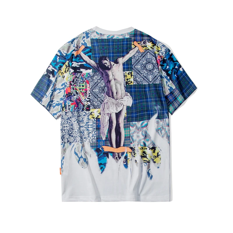 

Plegie Camo Cashew Flowers Jesus Print Tshirts Streetwear Hip Hop Harajuku Patchwork Casual T Shirts Tops Men Short Sleeve Tees