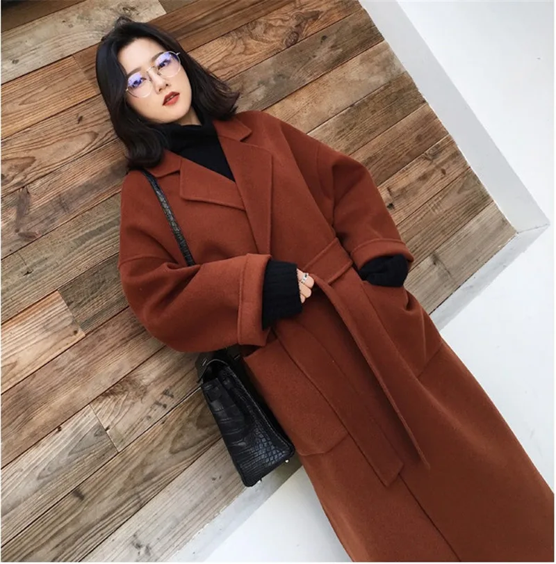 Autumn winter woolen coat women Loose Large size wool coats female Belt slim long Basic coats Both sides of the slit jacket N332