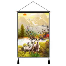 Modern Hanging Painting Elk Print Wall Art Picture Poster Tassel Solid Wood Canvas Painting for Livingroom Background Home Decor banana leaf tassel hanging painting wall decor print