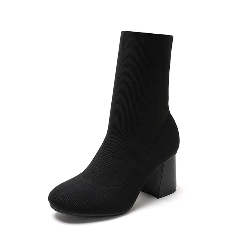 

2020 Knitted Sock Boots Round Toe Block Heel Winter Boots Womens High Heels Slip On Autumn Ankle Boots For Women Winter Shoes