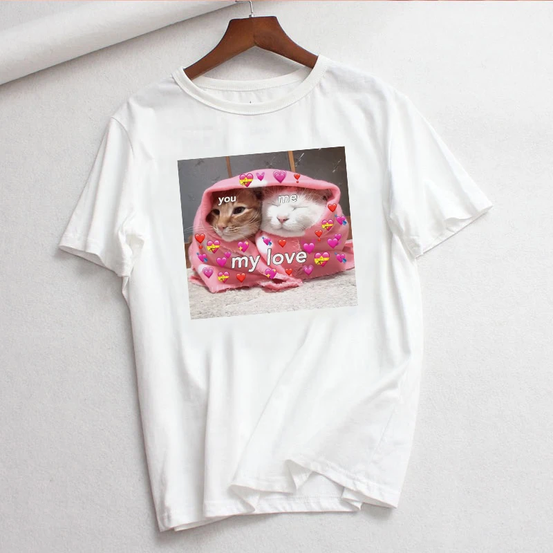 Корейские милые летние топы с короткими рукавами с принтом кошки и собаки Ulzzang, повседневные свободные футболки большого размера, забавная парная футболка