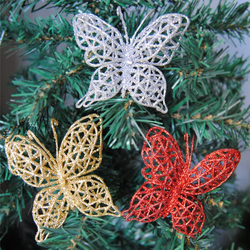 

10pcs 7cm Artificial Christmas Decoration Colorful Glitter Butterfly Flower New Year Party Christmas Tree Ornaments 5ZHH187