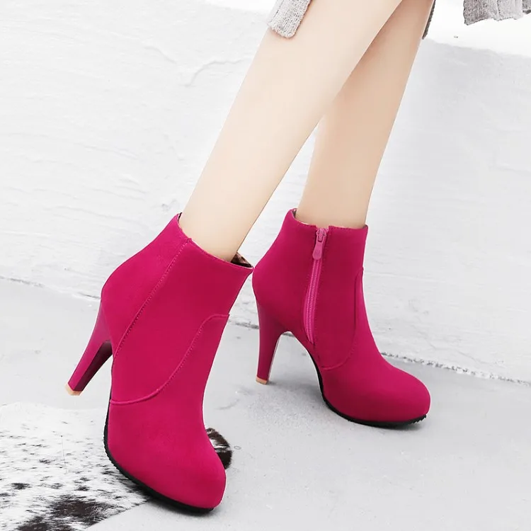 

Big Size 11 12 13 Ma'am Fine heel Short boots Pure color Little round head Boot barrel Suede high-heeled boots