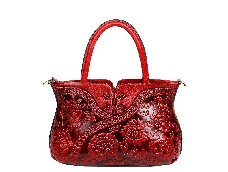 Китайский стиль, красный чонсам, дизайнерская женская сумка с цветами, натуральная кожа, женская сумка через плечо, женская сумка с тиснением