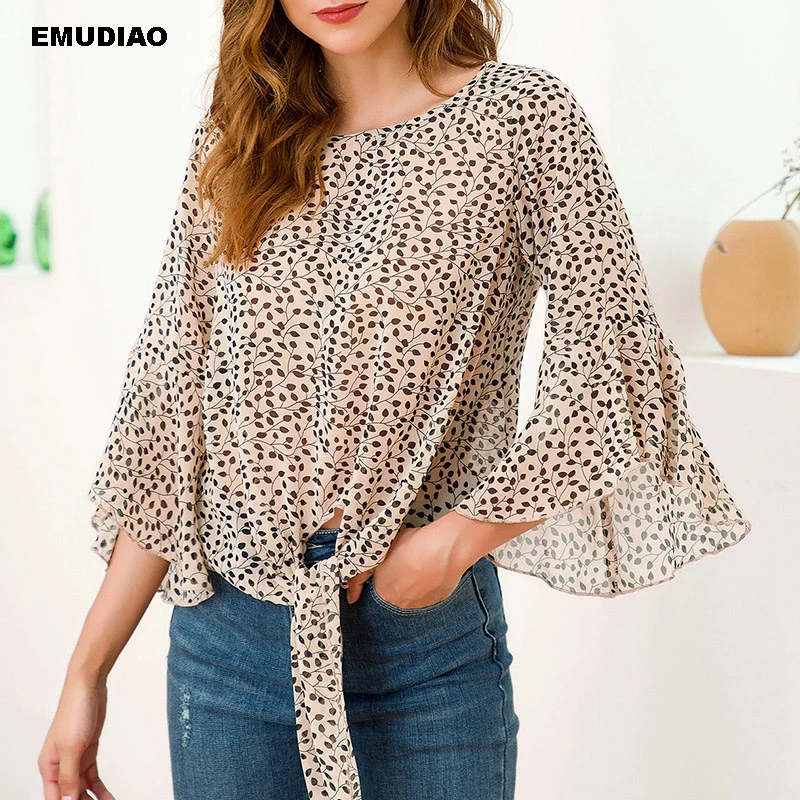 

Leaf Print Chiffon Women's Blouse Khaki Black Butterfly Sleeve Lace Up Womens Tops And Blouses 2019 Summer Fashion Woman Blouses