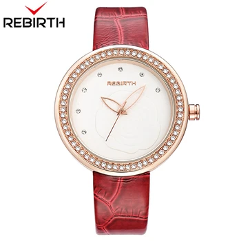 

REBIRTH Ladies Watch with rhinestones Quartz Leather Watchband Fashion Wrist Watches for Women Relogio Masculino with Gift Box