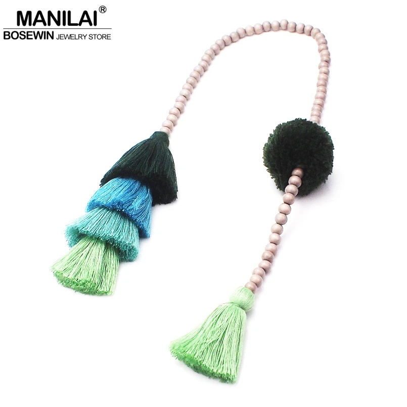 

MANILAI Bohemian Handmade Bag Pendant Accessories Key Chains For Women Fashion Jewelry Pompom Wood Beaded Long KeyChain