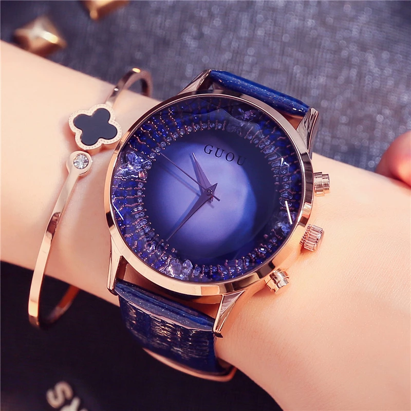 GUOU Large Dial Women Watches 2018 Luxury Brand Waterproof  Rhinestone Ladies Dress Wristwatch Simple relojes mujer Black Clock