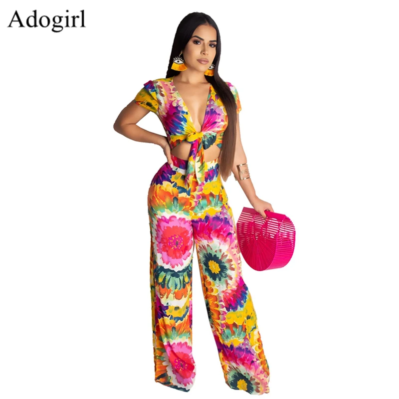 

2 Two Piece Set Women Floral Print Lace up Crop Top and Long Wide Leg Pants Sets Short Sleeve Two Piece Set Women's suits