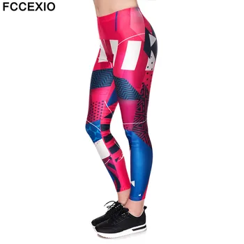 

FCCEXIO Brand Women Slim Leggings Workout Leggins Fitness Legging Sexy Pants High Waist 3D Printed GEOMETRIC PINK Fashion Pants