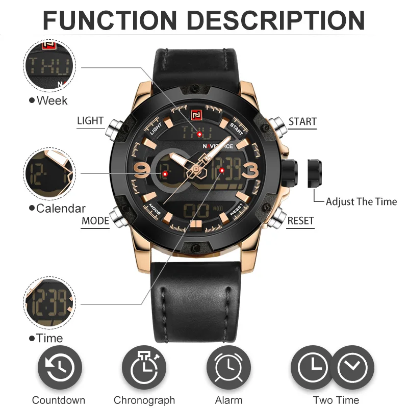  NAVIFORCE Luxury Brand Men Military Sport Watches Mens LED Analog Digital Watch Male Army Leather Q