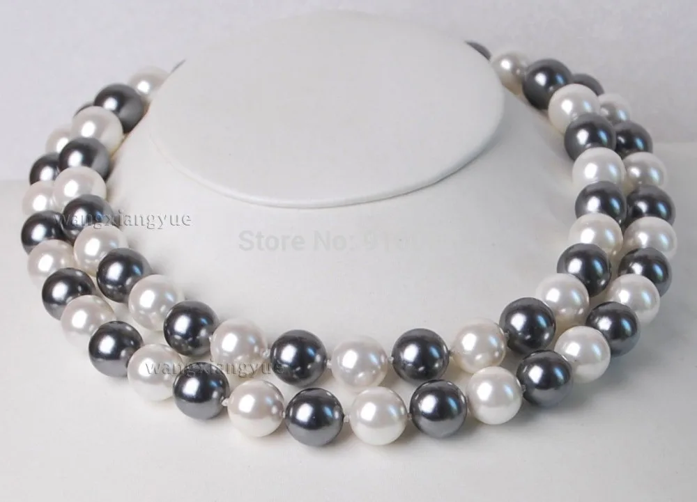 

7 >>>Long 32"12MM Elegant white /black South sea Shell Pearl Necklace