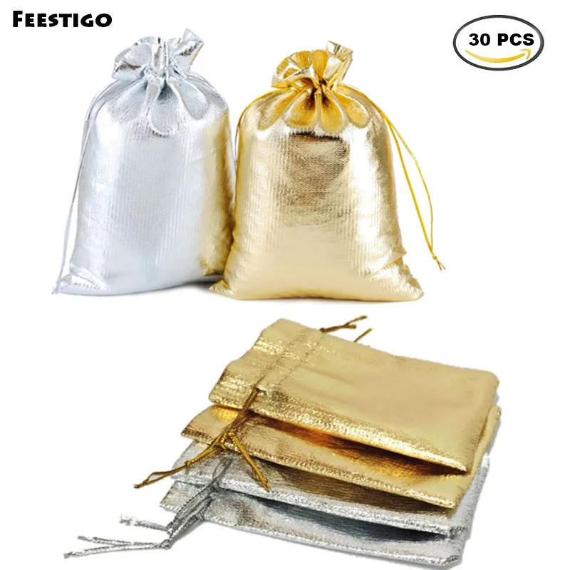 

Feestigo 30pcs 12*9CM Gold Metallic Organza Pouches Drawstring Bag Christmas Gift Bags Wedding Favors Candy Bags Xmas Tree Decor