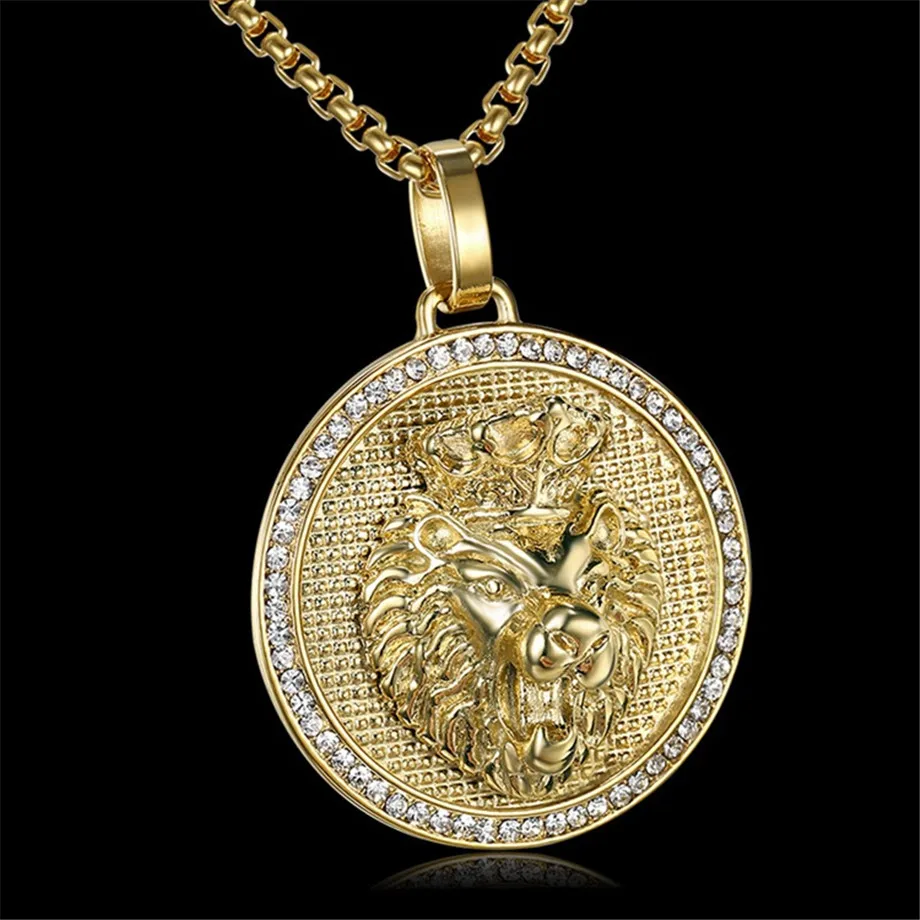 

HIP Hop Ice Out Gold Color Titanium Stainless Steel Pave Rhinestone Lion Head Pendants Necklaces for Men Jewelry