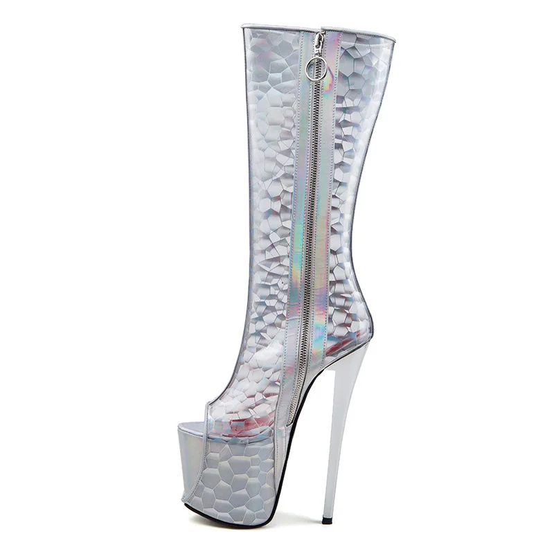 Г. Новые цветные ботинки на тонком высоком каблуке 19 см женские ботинки до середины икры с открытым носком из ПВХ, большой размер 41-47 женская прозрачная высокая обувь WB1442 - Цвет: White