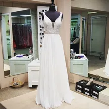 Elegante Tiefem v-ausschnitt Prom Kleider 2017 Weiß Chiffon Abendkleid kleider Perlen Abendkleider 2017 Vestido de Festa Longo Formale kleider