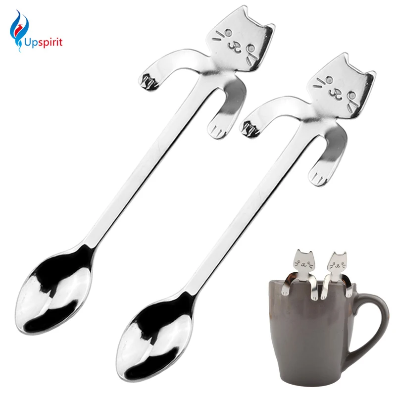New 2Pcs Stainless Steel Coffee & Tea Spoon Mini Cat Long Handle Creative Spoon Drinking Tools Kitchen Gadget Flatware Tableware