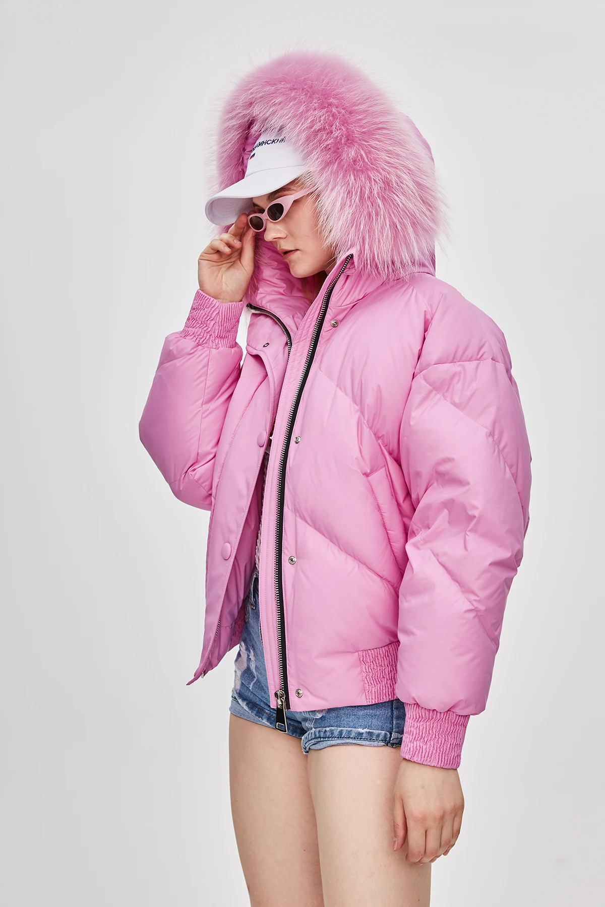 JAZZEVAR Новинка зимняя куртка модная уличная дизайнерская брендовая женская короткая куртка-пуховик на утином пуху; Красивая цветная меховая верхняя одежда для девочек; z18004 - Цвет: Розовый