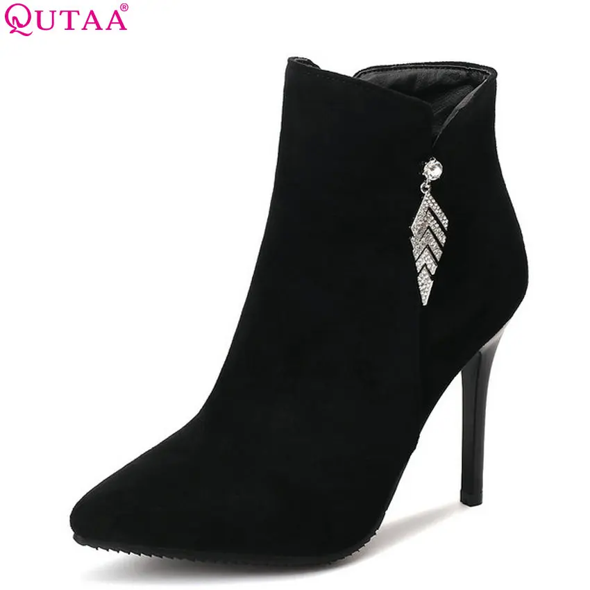 

QUTAA 2019 Flock Women Ankle Boots Thin High Heel Pointed Toe All Match Winter Shoes Women Motorcycle Boots Big Size 34-43
