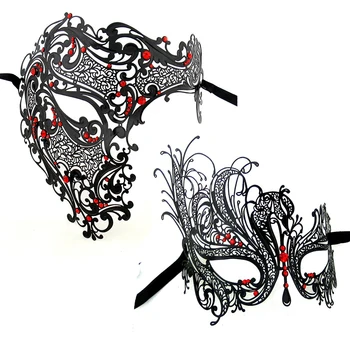 

Black Gold Silver Red Rhinestones Men Woman Venetian Masquerade Wedding Couple Mask Half Skull Swan Metal Costume Party Mask Lot