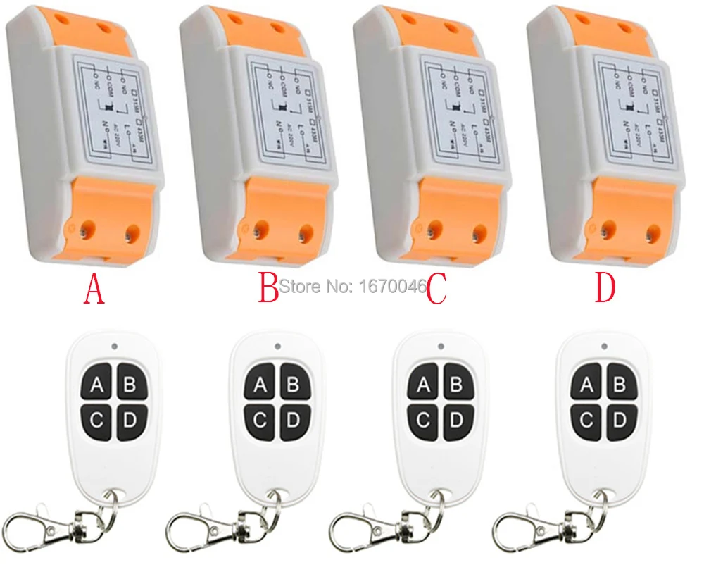 

New AC220V 1CH 1Channe RF wireless remote control switch System 4X Transmitter + 4X Receiver,315/433 MHZ