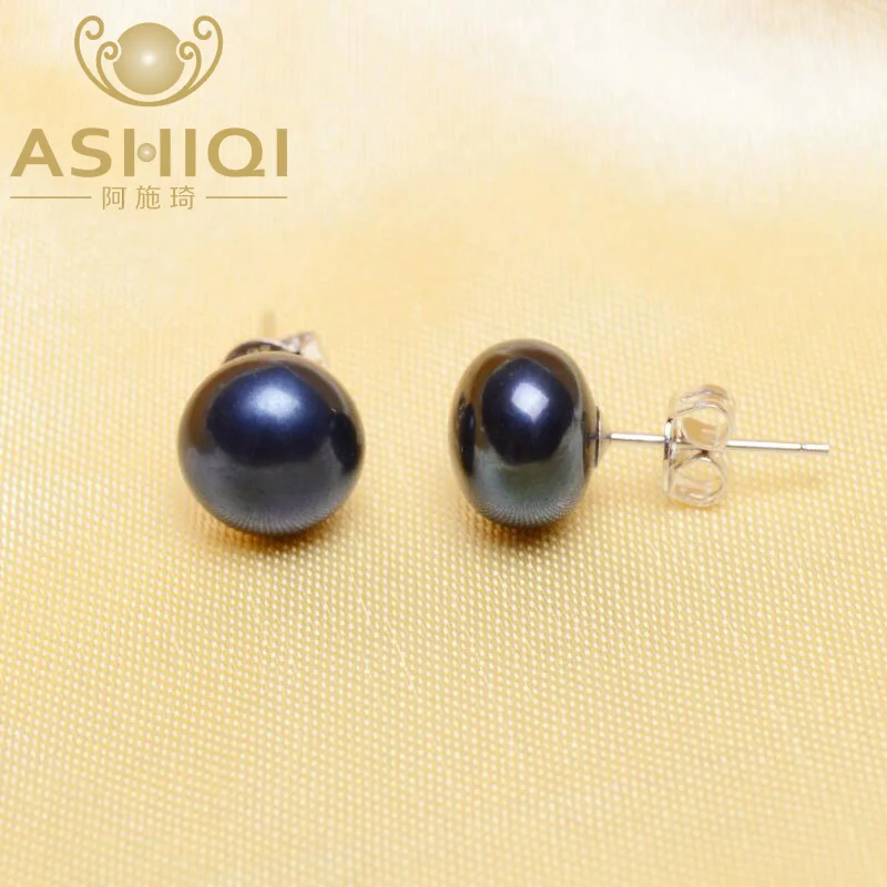 ASHIQI 925 пробы Серьги-гвоздики с серебряным жемчугом для женщин, ювелирные изделия из черного натурального пресноводного жемчуга, новая мода