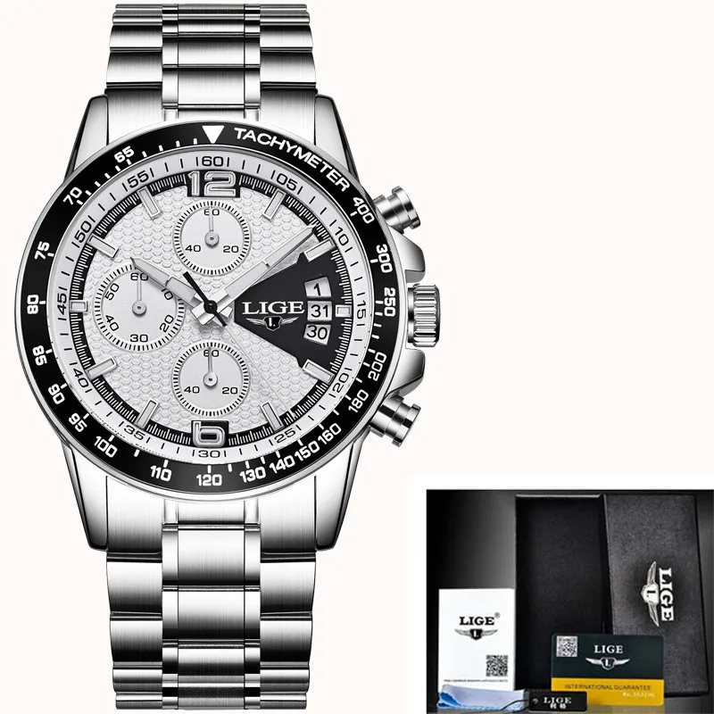 Мужские часы LIGE, мужские часы, Топ бренд, роскошные полностью стальные бизнес Кварцевые повседневные водонепроницаемые спортивные часы, мужские часы+ коробка - Цвет: steel white