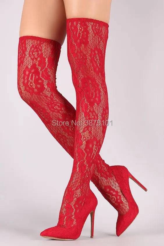 Hot Red Lace flowers Tall Boot 10CM 