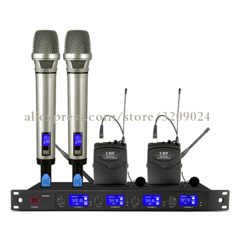 Pro 4 Channels UHF Wireless Microphone Mic System 2 Handheld 2 Lavalier