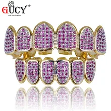 GUCY Gold Hip Hop Teeth Grillz Micro Pave Fuchsia CZ Stone Iced Out Top&Bottom Grills Set Vampire Teeth Caps Mouth Jewelry Party