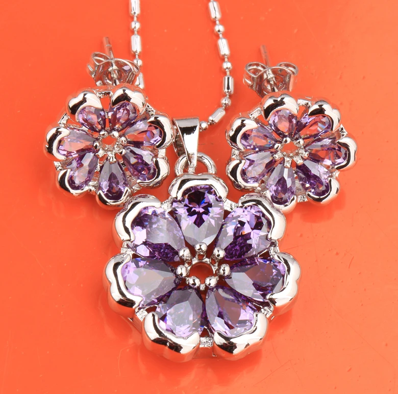 Purple Zircon Hot White 925 Sterling Silver Jewelry Sets Earring Pendant S8048