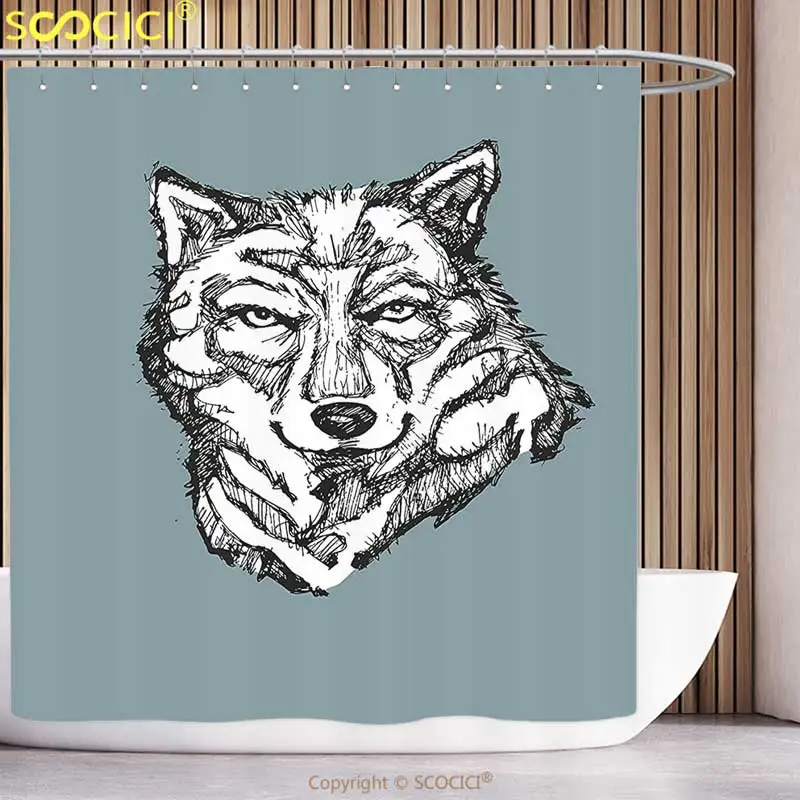 

Waterproof Shower Curtain Modern Wild Timber Wolf Face Portrait Sketch Animal Canine Creature Graphic Art Black White Slate Blue