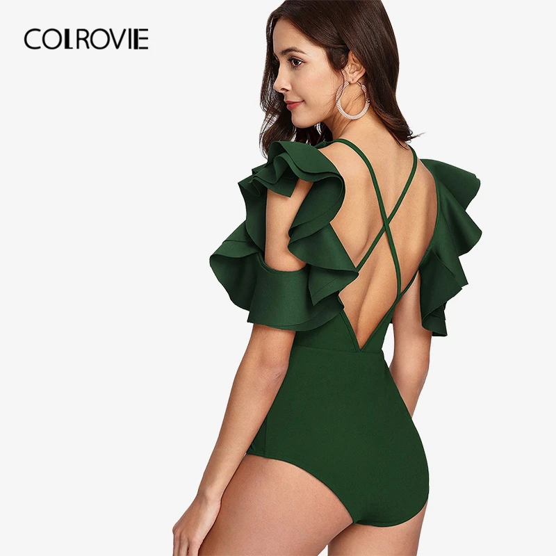 

COLROVIE Green Backless Layered Ruffle Cold Shoulder Crisscross Back Summer Sexy Bodysuit Women 2018 Stretchy Skinny Bodysuits