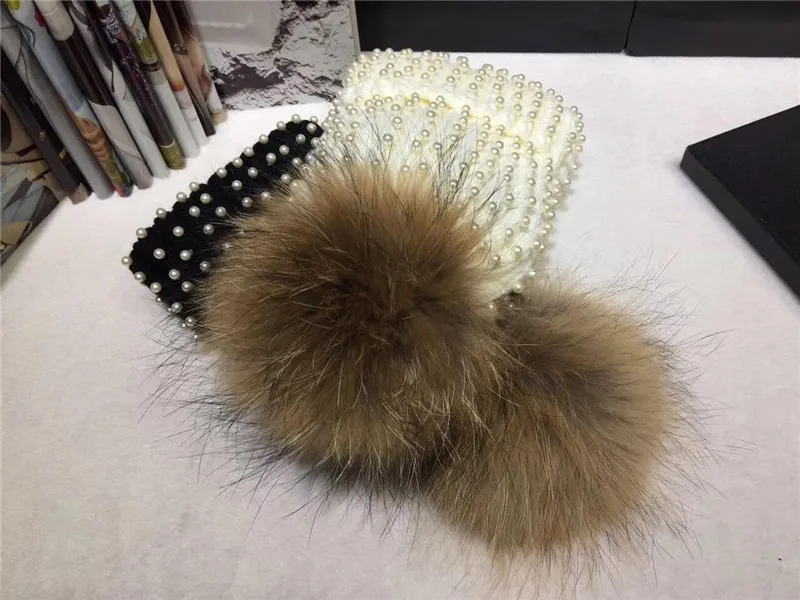 Winter Women's Nature Raccoon Fur Pom Pom Knitted Beanies Rhinestone Beads Pearl Skullies Girls Real Fur Knit Caps  Bonnet Hat 2