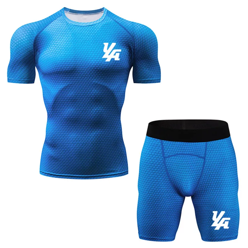 

Men's Compression Running jogging Suits Clothes Sports Set Short sleeves t shirt And Shorts Gym Fitness workout Tights clothing
