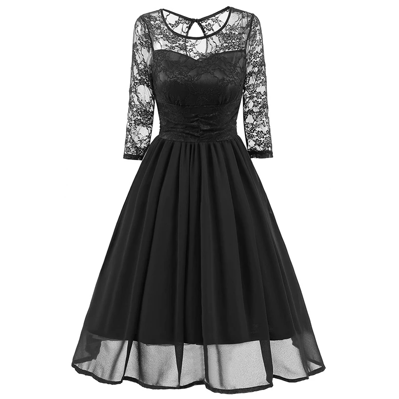 Винтажное осенне-летнее женское платье, повседневное сексуальное кружевное платье с вырезами, женское элегантное однотонное бальное платье, платья для вечеринок Vestidos - Цвет: Черный
