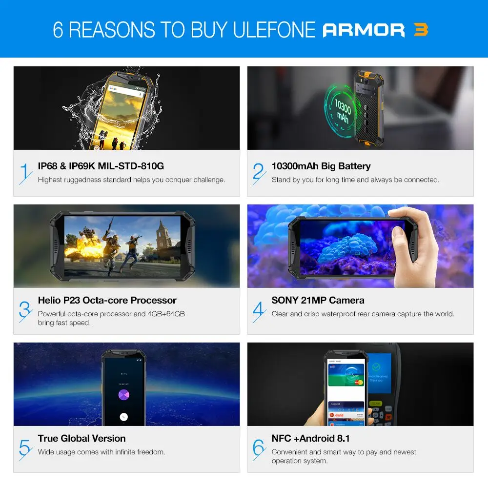Ulefone Armor 3T IP69K IP68 Waterproof Helio P23 MTK6763T Octa Core 5.7
