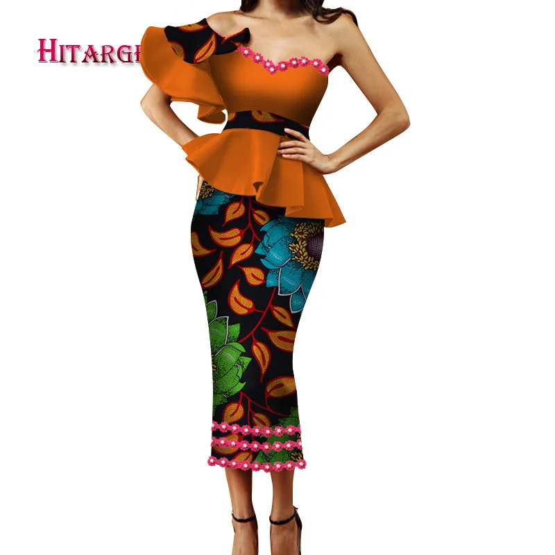 

2018 New African Wax Print Clothes for Women Dashiki Cotton Sexy lace Slash neck Top Skirt Set of 2 Piece Dashiki Dress WY3364