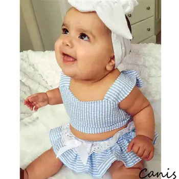 

Newborn Baby Girl Short Top Striped Lace Bow Skirts Headband Outfit Summer 0-24M 2019 New Hot Soft Sleeveless Off Shoulder Sets